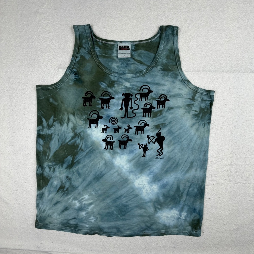 Vintage Tultex Tie Dye Tank Top Mens Large Green Blue Petroglyph D Morris Art